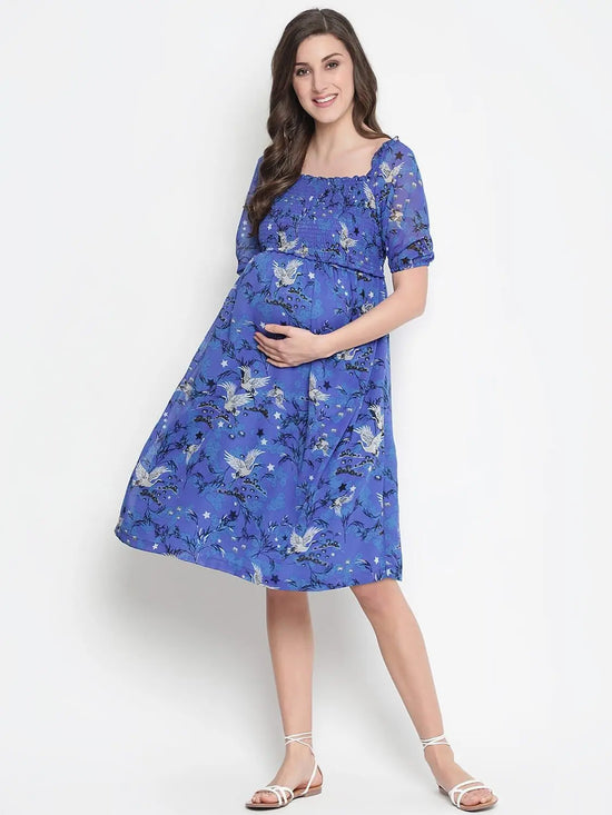 Oxolloxo Chill Blue Floral Print Maternity Smocked Dress