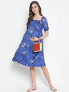 Oxolloxo Chill Blue Floral Print Maternity Smocked Dress