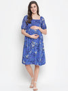 Oxolloxo Chill Blue Floral Print Maternity Smocked Dress