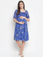 Oxolloxo Chill Blue Floral Print Maternity Smocked Dress