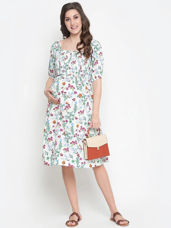 Oxolloxo Polished White Floral Print Ruffled Maternity Smokced Dress