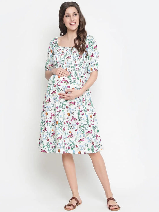 Oxolloxo Polished White Floral Print Ruffled Maternity Smokced Dress