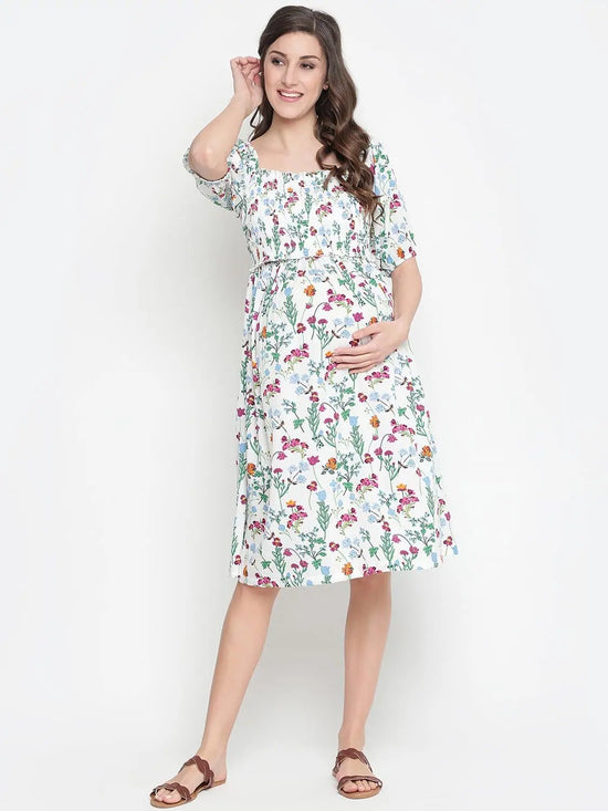 Oxolloxo Polished White Floral Print Ruffled Maternity Smokced Dress