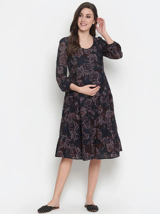 Oxolloxo Grey Floral Print Falred Maternity Dress