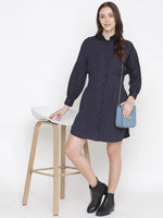 Oxolloxo Stupefying Solid Navy Blue Button - Down Women Dress