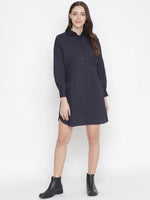 Oxolloxo Stupefying Solid Navy Blue Button - Down Women Dress