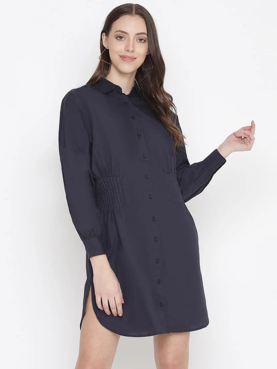 Oxolloxo Stupefying Solid Navy Blue Button - Down Women Dress