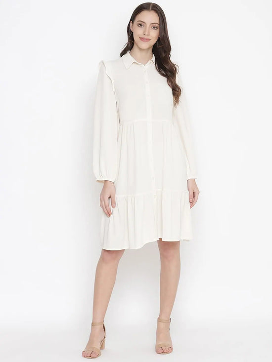 Oxolloxo Delicate Solid Beige Chic Button-Down Women Shirt Dress