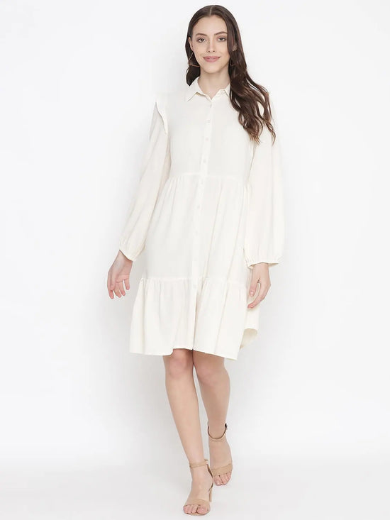 Oxolloxo Delicate Solid Beige Chic Button-Down Women Shirt Dress