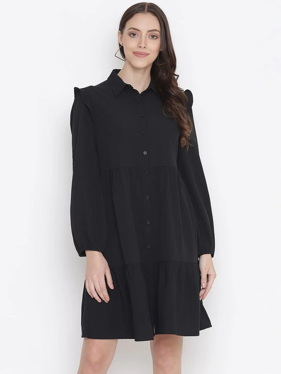 Oxolloxo Valiant Solid Black Chic Button-Down Women Shirt Dress