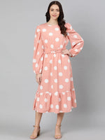 Oxolloxo Eronic Cute Peachy Polka Print Belted Women Dress