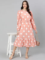 Oxolloxo Eronic Cute Peachy Polka Print Belted Women Dress