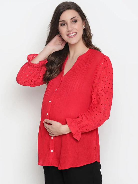 Oxolloxo Red Embroided Sleeve Good Looking Maternity Pleated Tunic