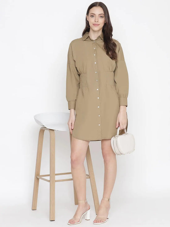 Oxolloxo Umber Solid Khaki Button - Down Women Dress