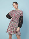 Oxolloxo Gropper Floral Print Sleeves Lace Fabric Women Dress