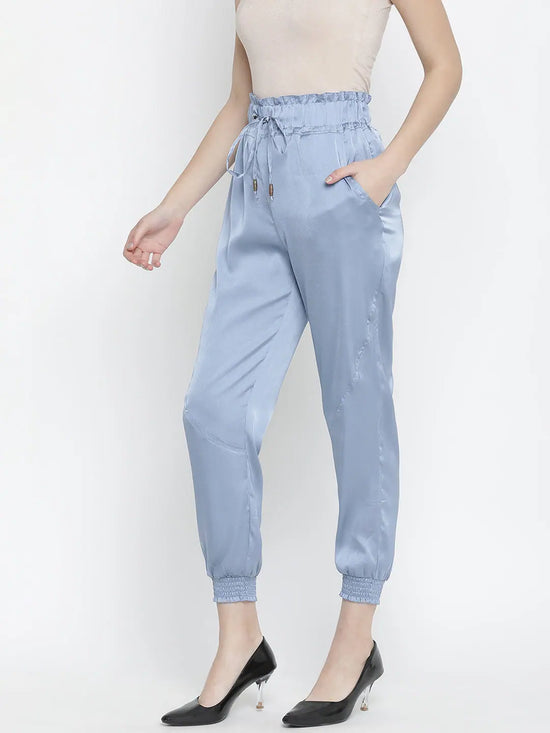 Outraging solid blue satin women elasticated pant