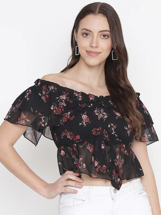 Oxolloxo Bleek Black Floral Print Tie-Knot Off-Shoulder Women Top