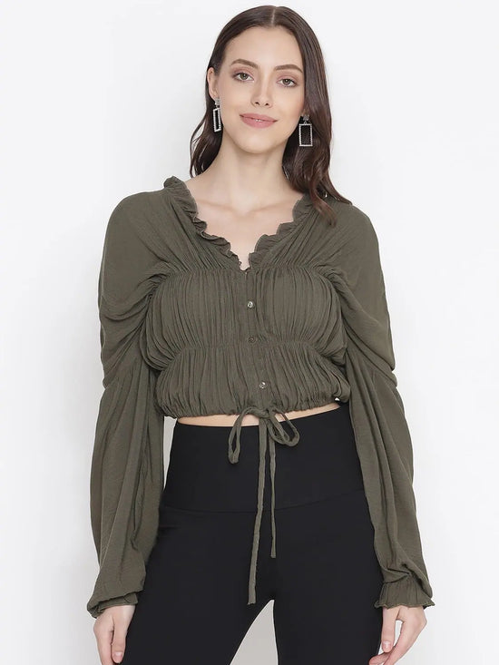 Oxolloxo Ootd Khaki Color Tie-Knot Women Stylish Top