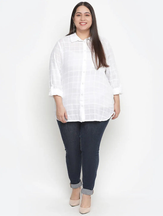 Pure White Offical Check Print Plus Size Women Shirt