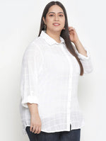 Pure White Offical Check Print Plus Size Women Shirt