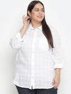 Pure White Offical Check Print Plus Size Women Shirt