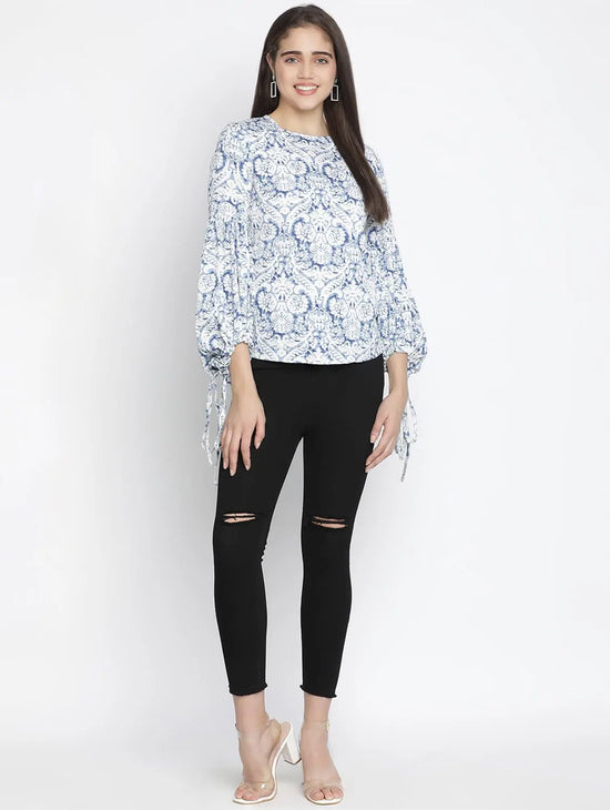 Jelly Blue Floral Print Chic Women Top