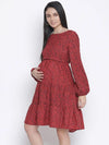 Dora Red Printed With Feeding Zip Maternity Dress