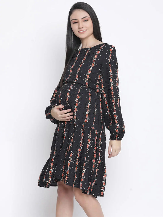 Gapper Black Ptinted With Feeding Zip Maternity Dress