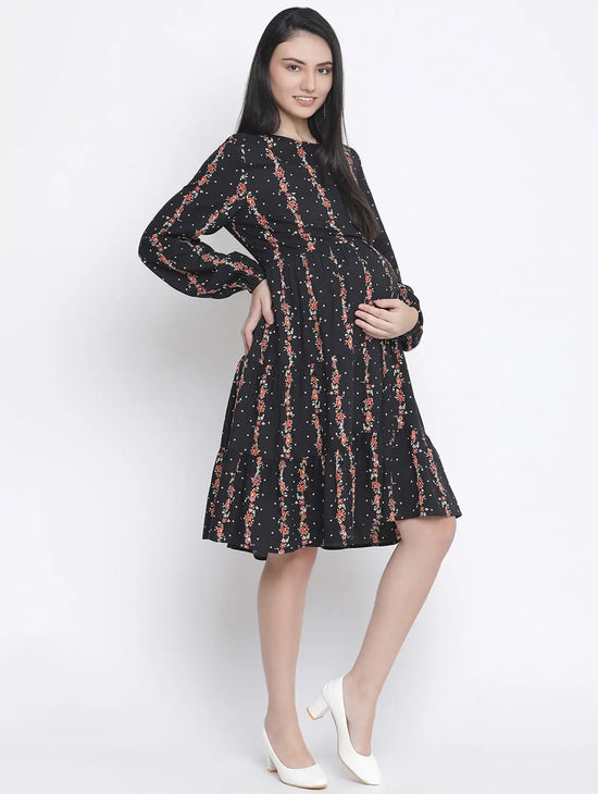 Gapper Black Ptinted With Feeding Zip Maternity Dress