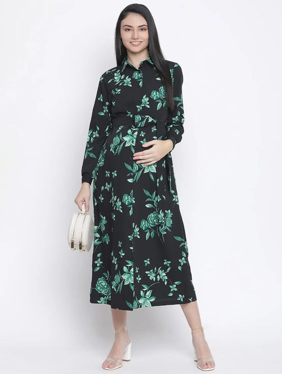 Tora Black Floral Print Long Maternity Dress