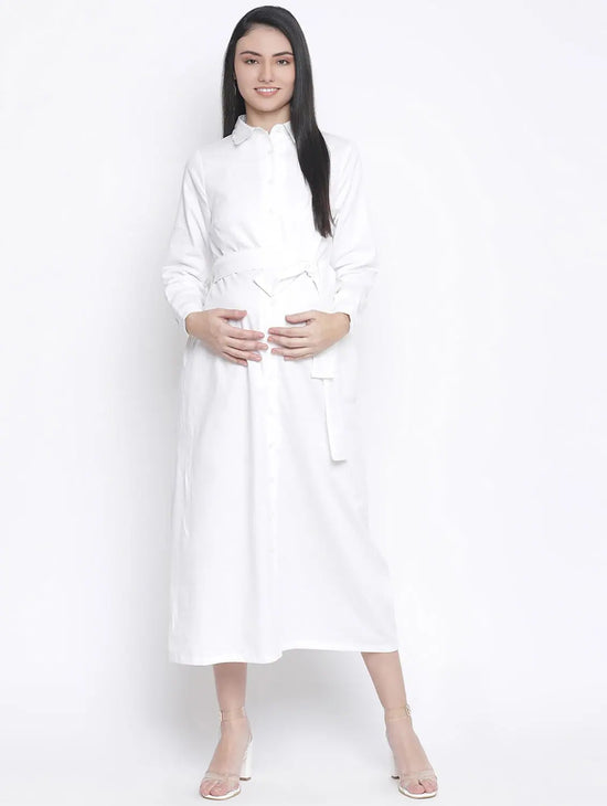 Hopple White Button- Down Long Maternity Dress