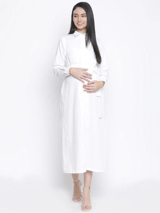 Hopple White Button- Down Long Maternity Dress