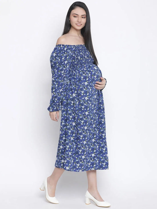 Designer Floral Print Off-Shoulder Maternity Dress