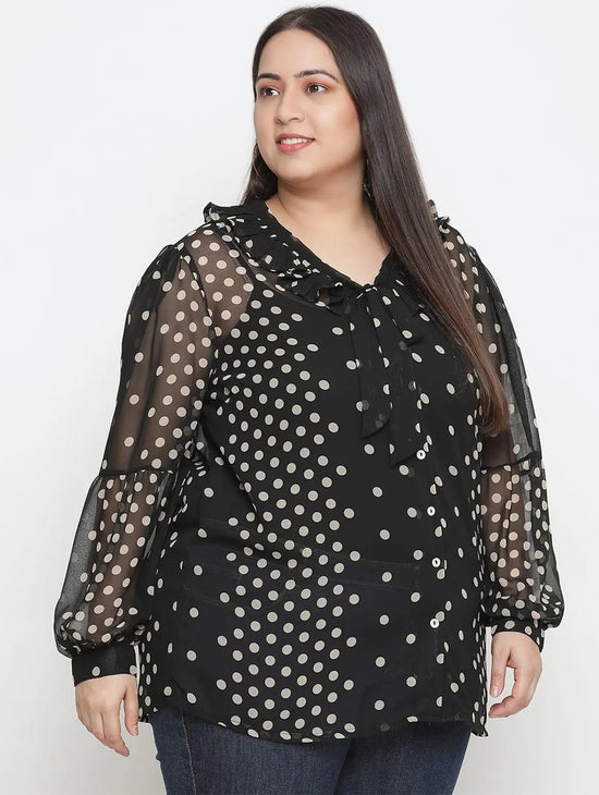 Gazzy Black Polka Print Pleated Neck Tie Knot Plus Size Women Top