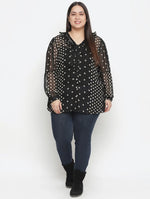 Gazzy Black Polka Print Pleated Neck Tie Knot Plus Size Women Top