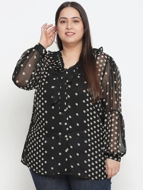 Gazzy Black Polka Print Pleated Neck Tie Knot Plus Size Women Top