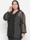 Gazzy Black Polka Print Pleated Neck Tie Knot Plus Size Women Top