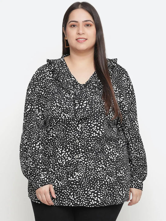 Dressy Black Animal Print Pleated Neck Tie Knot Plus Size Women Top