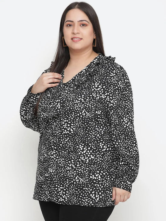 Dressy Black Animal Print Pleated Neck Tie Knot Plus Size Women Top