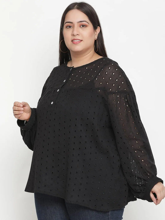 Sharp Balck Schiffli Embroidery Plus Size Women Top