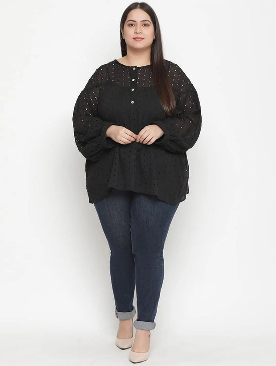 Sharp Balck Schiffli Embroidery Plus Size Women Top