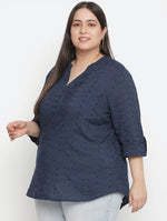 Luring Blue Schiffli Embroidery Plus Size Women Top