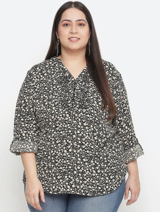 Fantastic Floral Print Black Color Plus Size Women Top