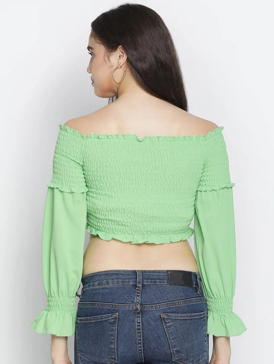 Gentle Pretty Green Smocked Women Off-Shoulder Crop Top