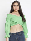 Gentle Pretty Green Smocked Women Off-Shoulder Crop Top