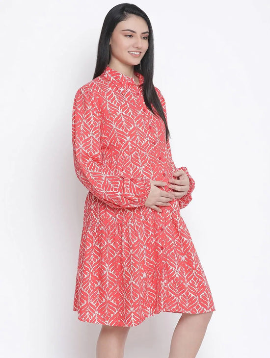 Crimson Red Printed Maternity Dress