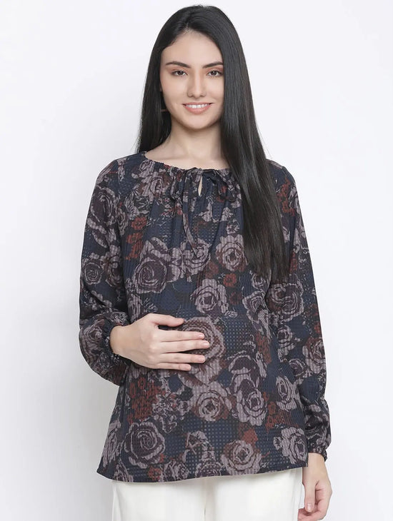 Jerry Black Floral Print Maternity Top