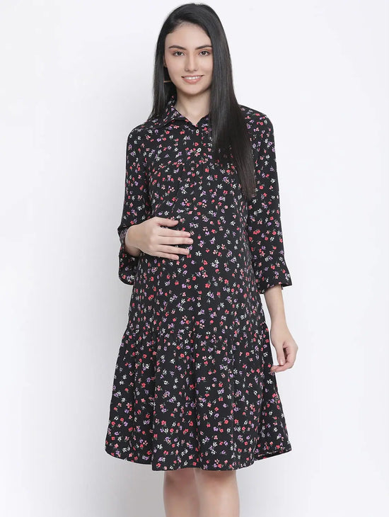 Slate Black Floral Print Maternity Dress