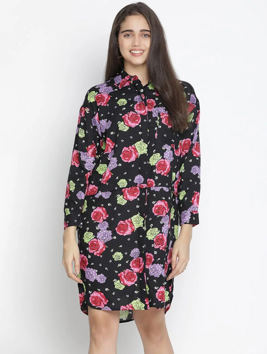 Abuzz Black Floral Print Button-Down Women Dress