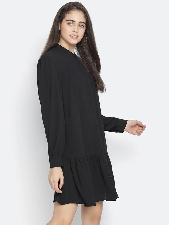 Soild Black Mania Button- Down Women Dress